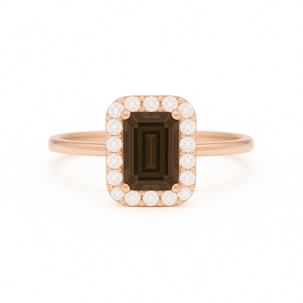 一'Ring Emerald-Cut' Smoky Quartz Rose Gold