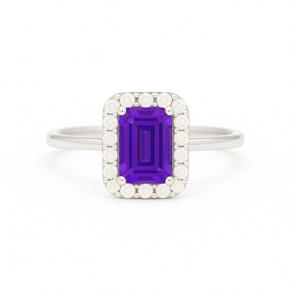 一'Ring Emerald-Cut' Amethist white Gold