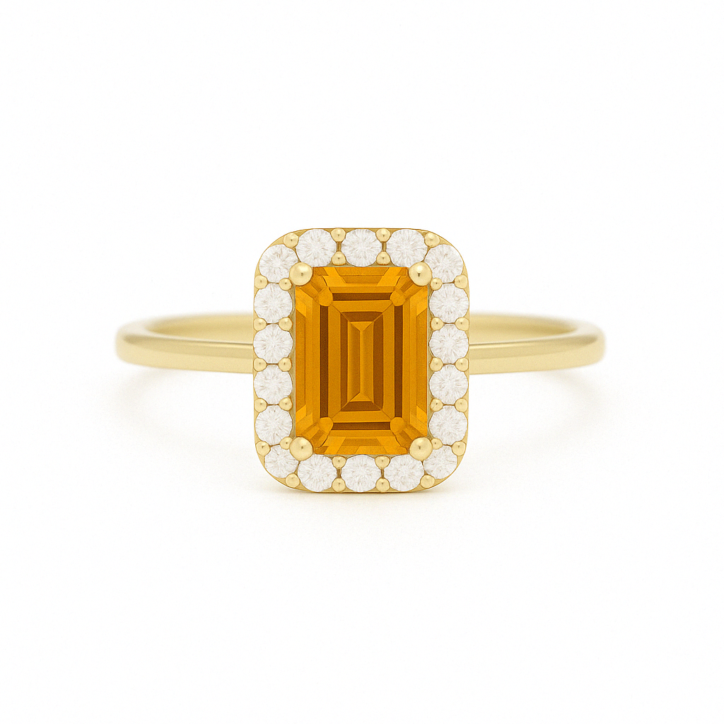 一'Ring Emerald-Cut' Citrine Yellow Gold